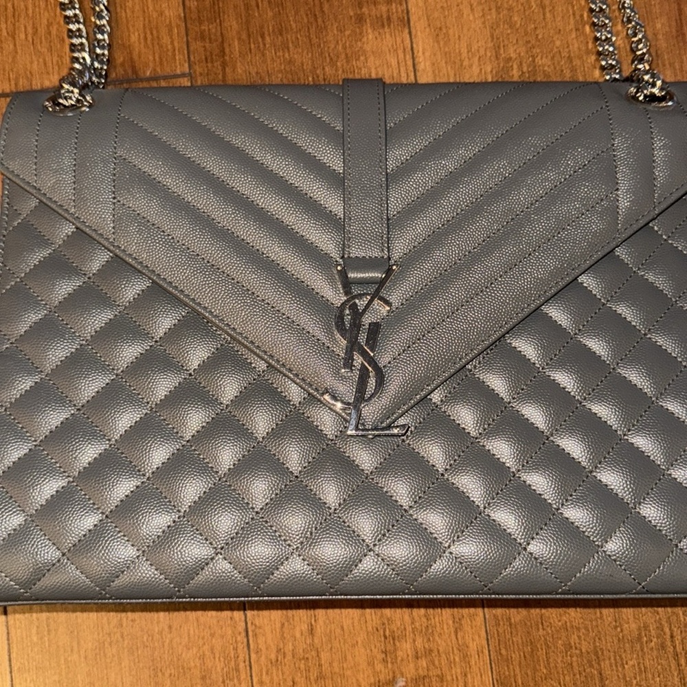 Saint Laurent Quilted Chevron & Diamond Chain Shoulder Bag in Gray